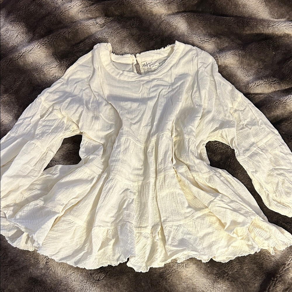 Cream Ruffle Peplum Blouse with Long Sleeves